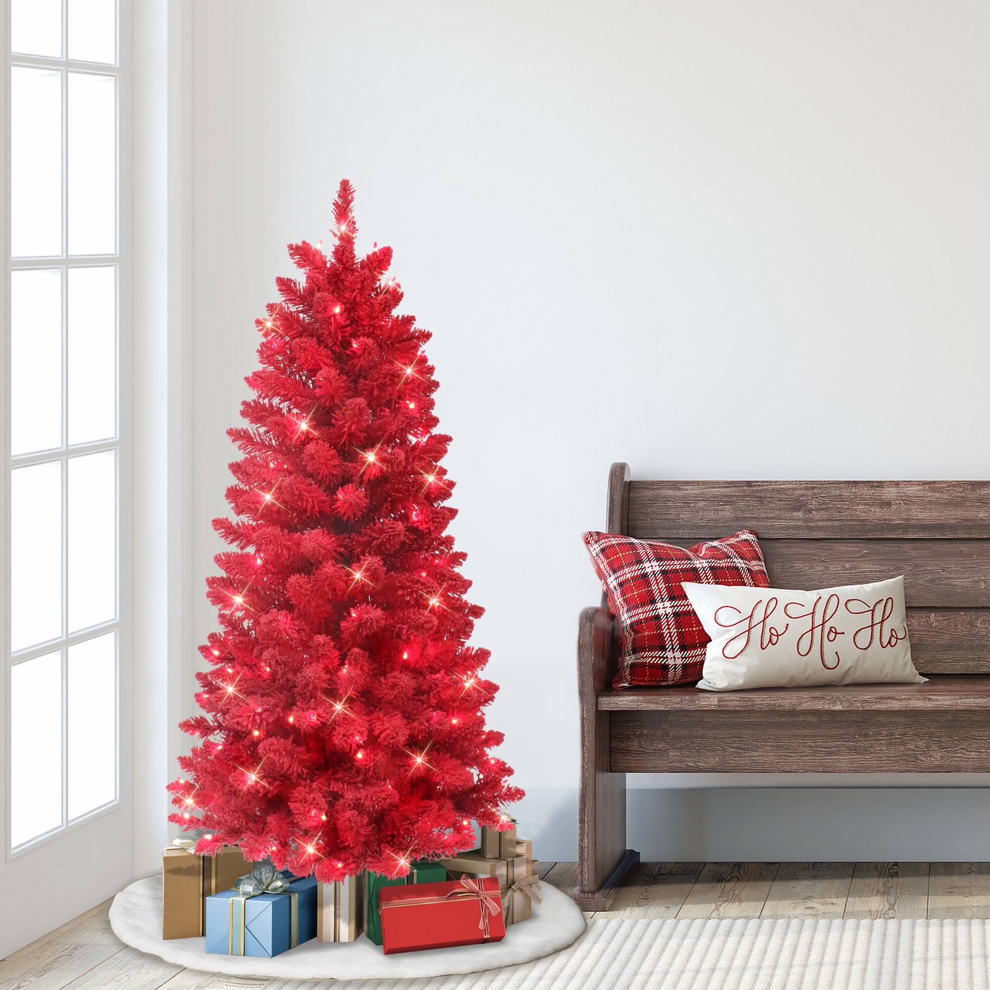 4.5ft. Pre-Lit Flocked Fashion Red Artificial Christmas Tree, Clear Lights